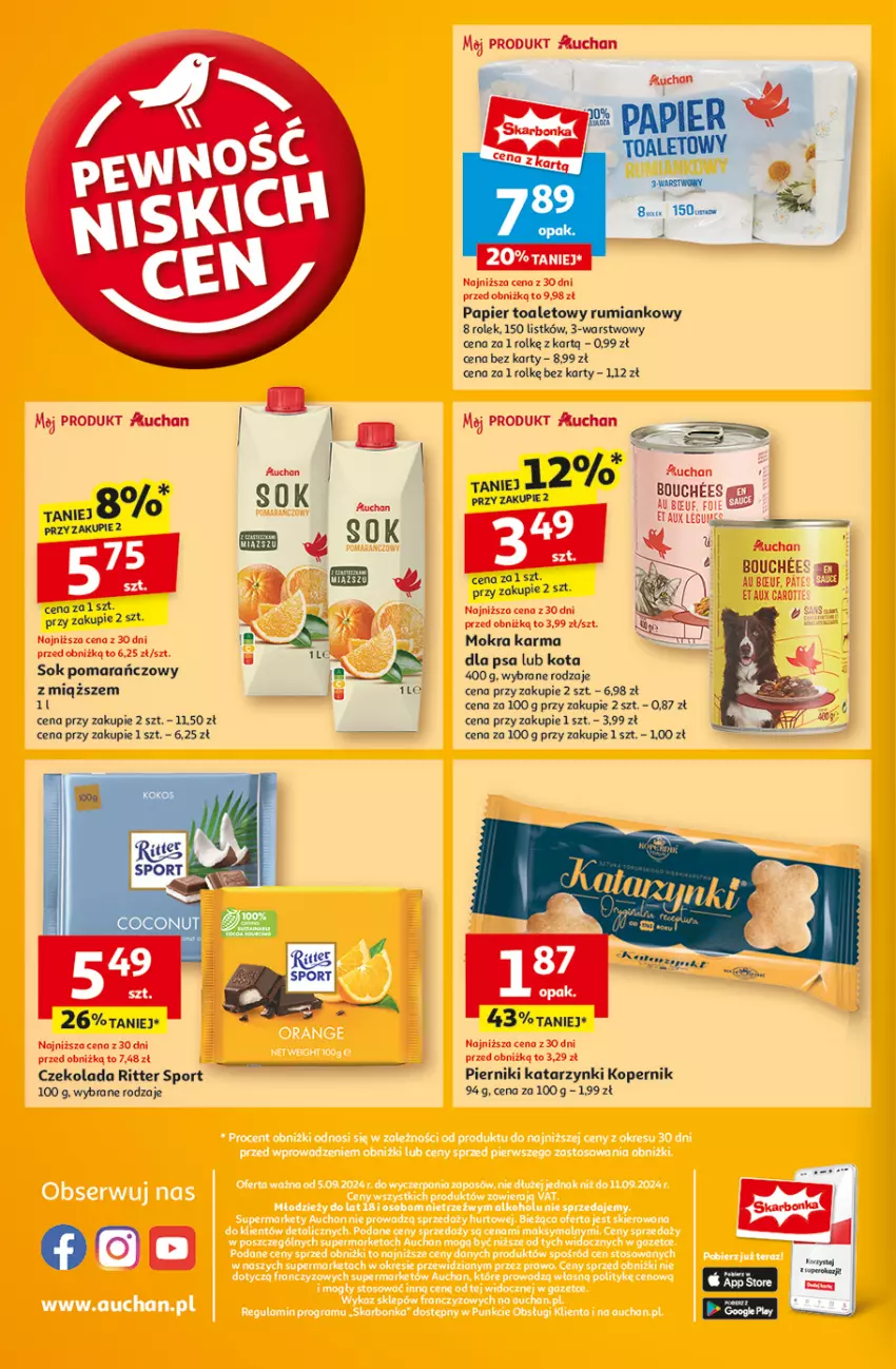 Gazetka promocyjna Auchan - Pewność Niskich Cen Moje - ważna 05.09 do 11.09.2024 - strona 10 - produkty: Czekolada, Mokra karma, Papier, Papier toaletowy, Piernik, Por, Ritter Sport, Rum, Sok, Sok pomarańczowy, Sport