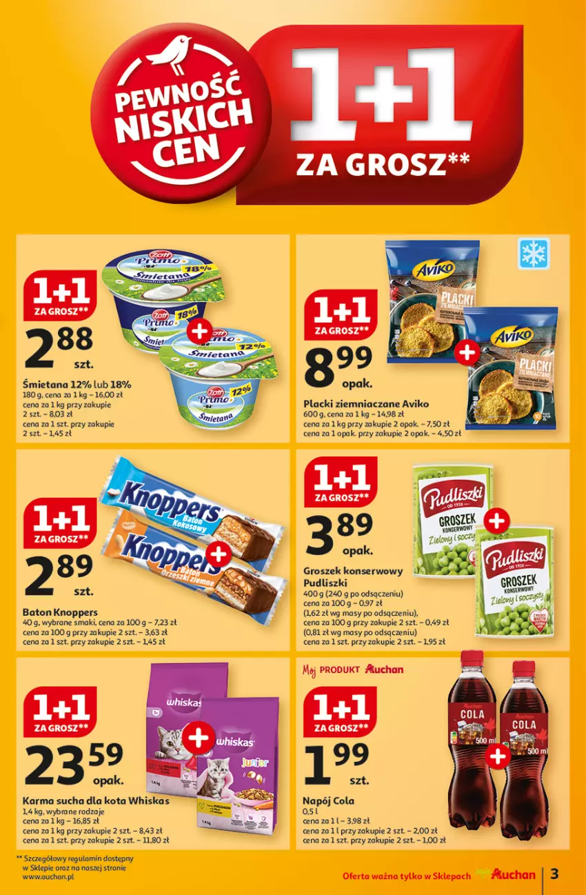 Gazetka promocyjna Auchan - Pewność Niskich Cen Moje - ważna 05.09 do 11.09.2024 - strona 3 - produkty: Baton, Groszek, Knoppers, Lack, Napój, Pudliszki, Ser, Whiskas