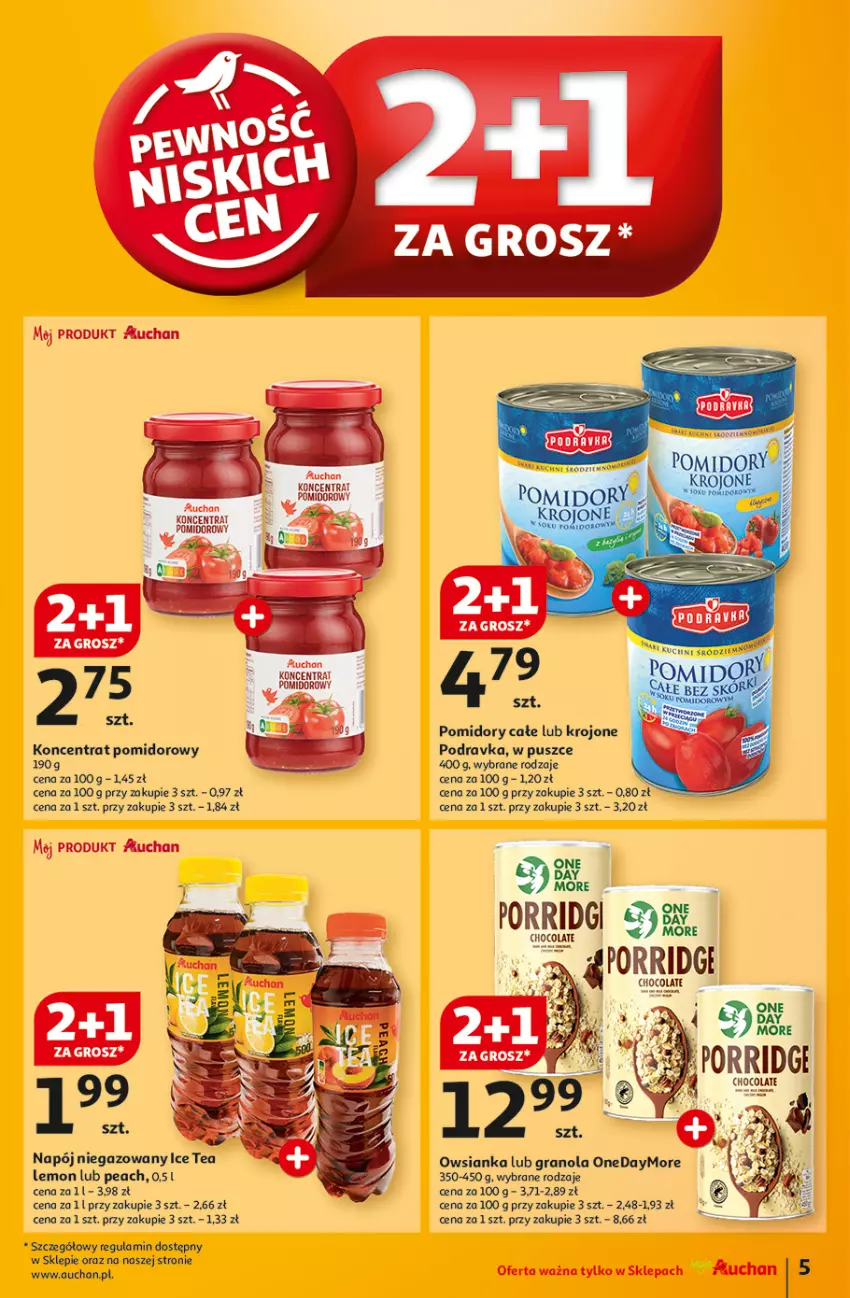 Gazetka promocyjna Auchan - Pewność Niskich Cen Moje - ważna 05.09 do 11.09.2024 - strona 5 - produkty: Fa, Gra, Granola, Ice tea, Koncentrat pomidorowy, Napój, Napój niegazowany, Owsianka, Podravka, Pomidory, Por