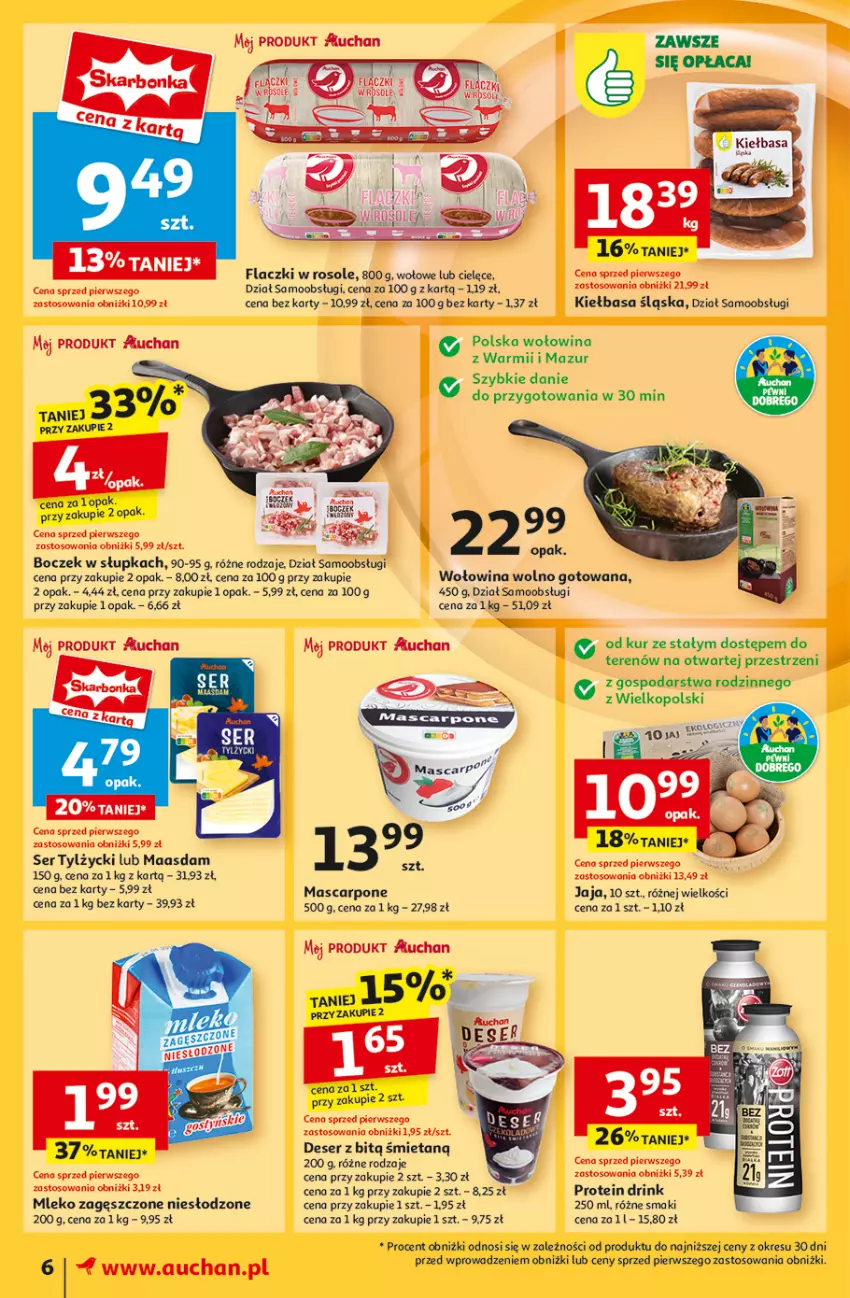 Gazetka promocyjna Auchan - Pewność Niskich Cen Moje - ważna 05.09 do 11.09.2024 - strona 8 - produkty: Boczek, Deser, Jaja, Kiełbasa, Kiełbasa śląska, Maasdam, Mascarpone, Mleko, Mleko zagęszczone, Ser, Ser tylżycki, Wołowina