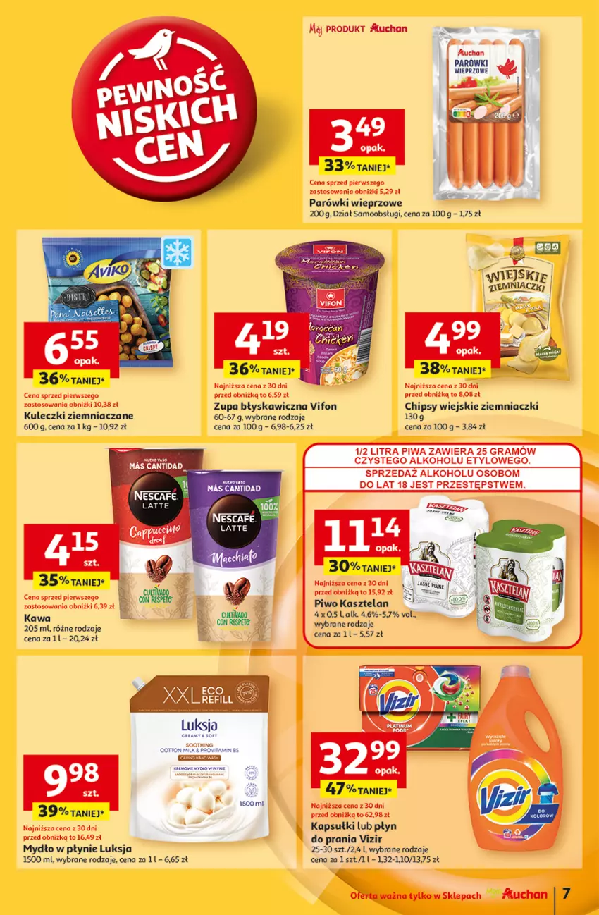 Gazetka promocyjna Auchan - Pewność Niskich Cen Moje - ważna 05.09 do 11.09.2024 - strona 9 - produkty: Chia, Chipsy, Gra, Kasztelan, Kawa, Luksja, Mydło, Mydło w płynie, Parówki, Piwa, Piwo, Tarta, Vizir, Zupa