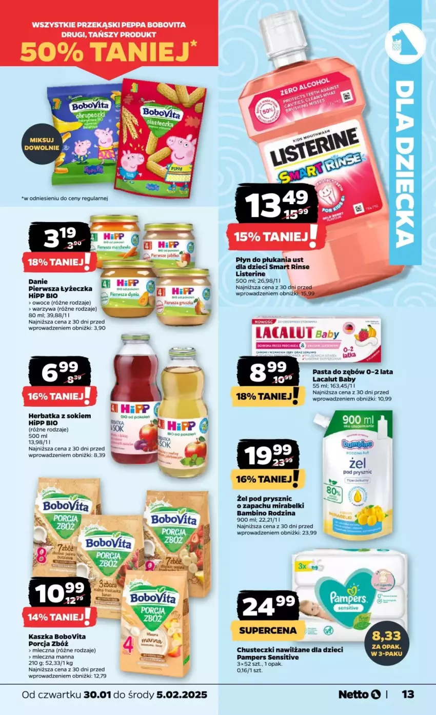 Gazetka promocyjna Netto - ważna 30.01 do 05.02.2025 - strona 5 - produkty: BoboVita, Chusteczki, Dzieci, HiPP, Hipp Bio, Lacalut, Listerine, Owoce, Pampers, Pasta do zębów, Płyn do płukania, Por, Sok, Warzywa