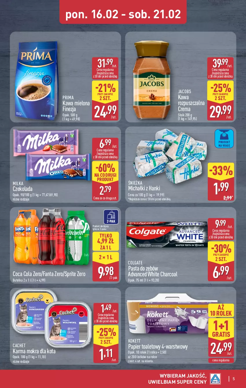 Gazetka promocyjna Aldi - Oferta weekendowa - ważna 19.02 do 21.02.2026 - strona 5 - produkty: Colgate, Czekolada, Fa, Fanta, Gra, Jacobs, Kawa, Kawa mielona, Kawa rozpuszczalna, LG, Michałki, Milka, Papier, Papier toaletowy, Pasta do zębów, Prima, Sprite