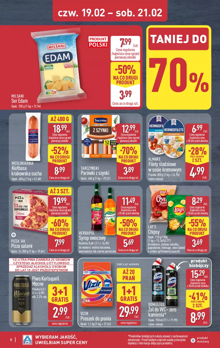 Gazetka promocyjna Aldi - Oferta weekendowa - ważna 19.02 do 21.02.2026 - strona 8 - produkty: Chipsy, Domestos, Edam, Gra, Grill, Herbapol, Karlsquell, Kiełbasa, Kiełbasa krakowska, Lay’s, Parówki, Parówki z szynki, Piwa, Piwo, Pizza, Por, Proszek do prania, Salami, Ser, Sos, Syrop, Tarczyński, Vizir
