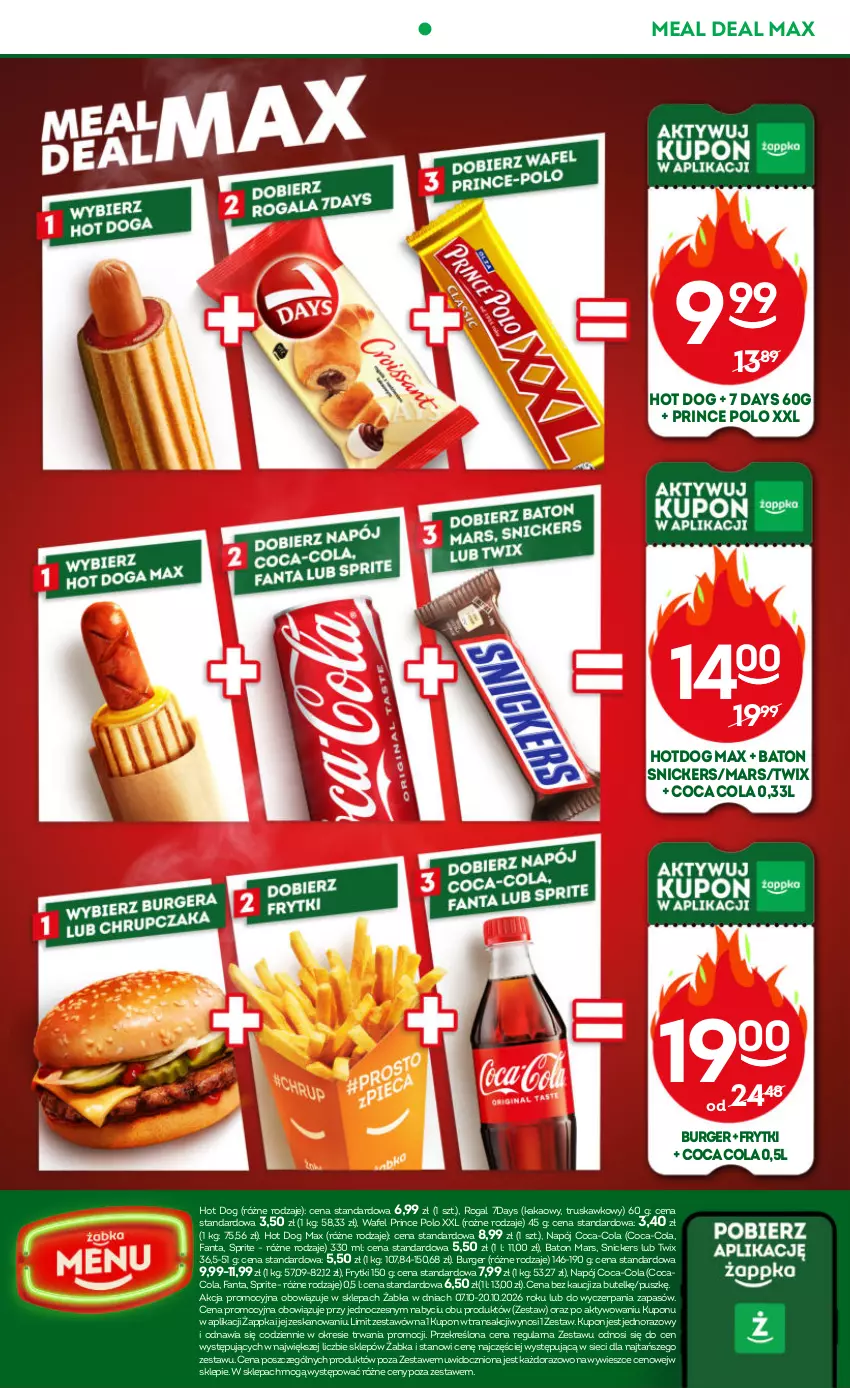 Gazetka promocyjna Żabka - gazetka-promocyjna-41-42-2026 - ważna 07.10 do 20.10.2026 - strona 49 - produkty: 7 Days, Baton, Burger, Coca-Cola, Fa, Fanta, Frytki, Hot dog, Kakao, Mars, Napój, Prince Polo, Rogal, Snickers, Sprite, Tran, Twix