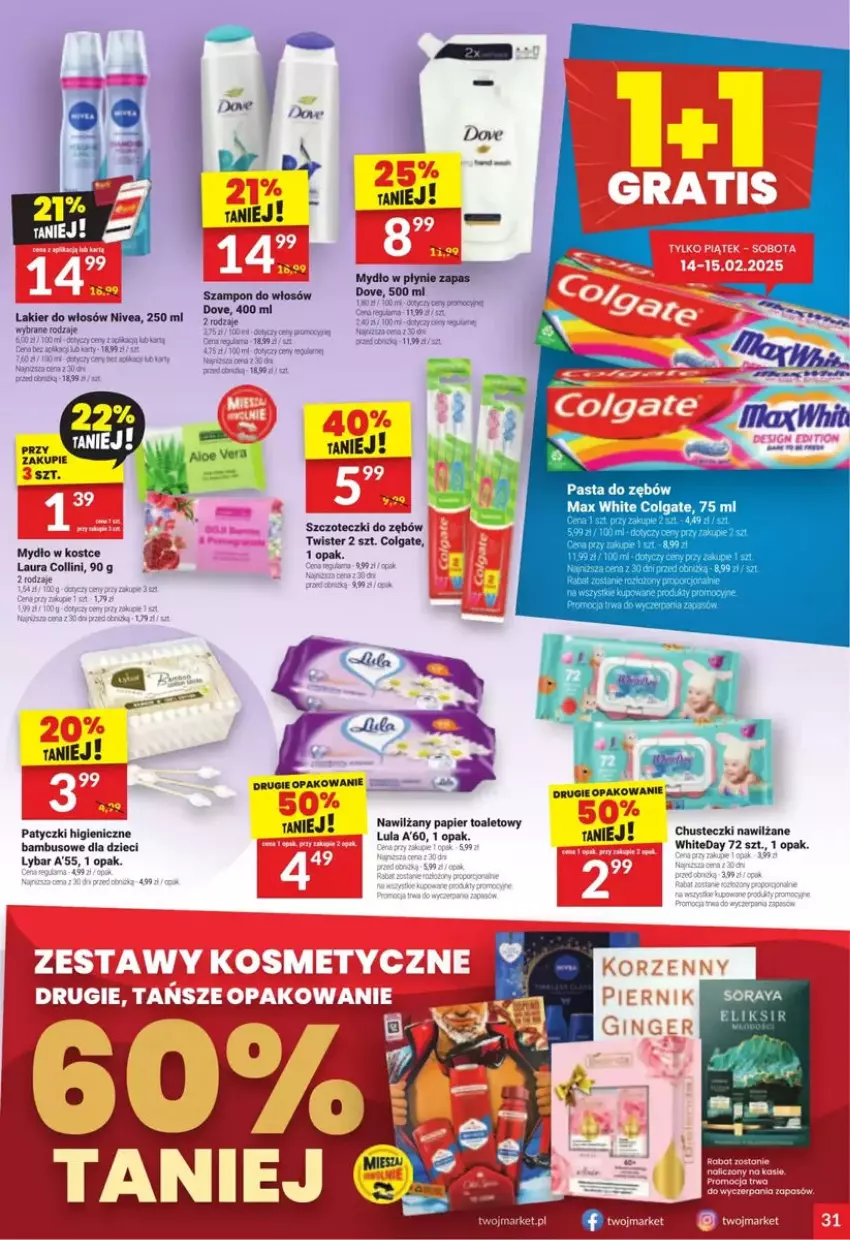 Gazetka promocyjna Twoj Market - ważna 12.02 do 18.02.2025 - strona 25 - produkty: Chusteczki, Colgate, Dove, Dzieci, Fa, Koc, Lakier, Lakier do włosów, Laur, LG, Mydło, Mydło w płynie, Nawilżany papier, Nivea, Papier, Papier toaletowy, Pasta do zębów, Szampon