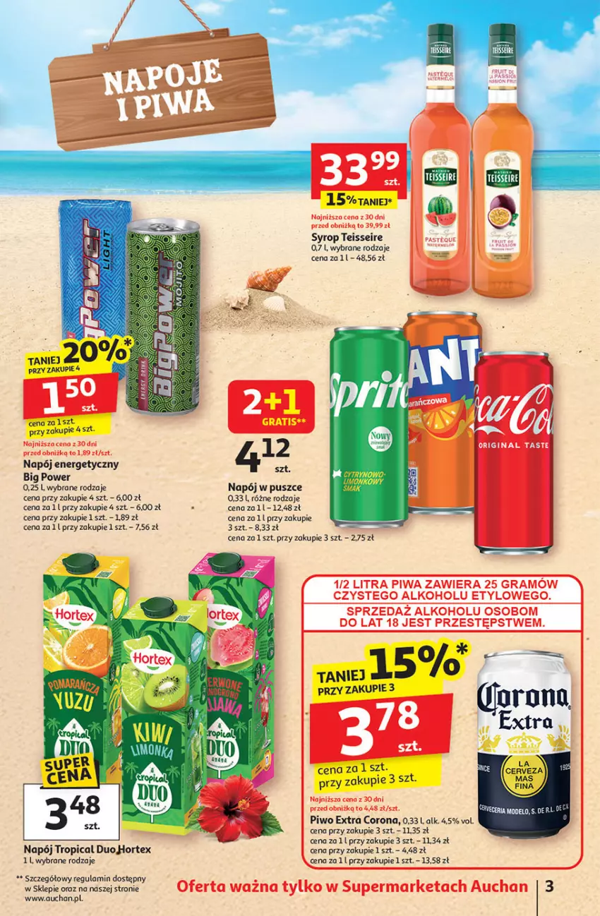 Gazetka promocyjna Auchan - LATO PEŁNE PRZYJEMNOŚCI Supermarket - ważna 10.07 do 16.07.2025 - strona 3 - produkty: Hortex, Napój, Napój energetyczny, Noż, Piwo, Syrop, Tropical