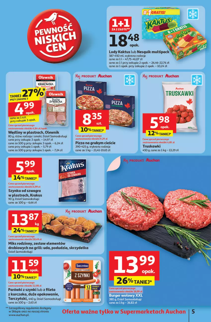 Gazetka promocyjna Auchan - LATO PEŁNE PRZYJEMNOŚCI Supermarket - ważna 10.07 do 16.07.2025 - strona 5 - produkty: Fa, Gra, Grill, Kaktus, Krakus, Kurczak, Lody, Nesquik, Olewnik, Parówki, Parówki z szynki, Pizza, Szynka, Tarczyński, Truskawki