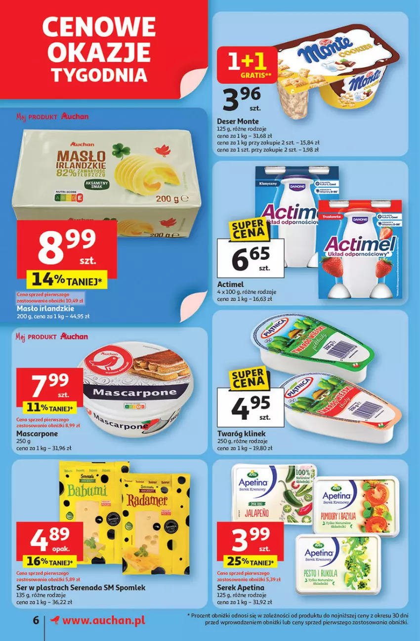 Gazetka promocyjna Auchan - LATO PEŁNE PRZYJEMNOŚCI Supermarket - ważna 10.07 do 16.07.2025 - strona 6 - produkty: Actimel, Aksam, Deser, Fa, Mascarpone, Masło, Monte, Por, Ser, Serek, Twaróg