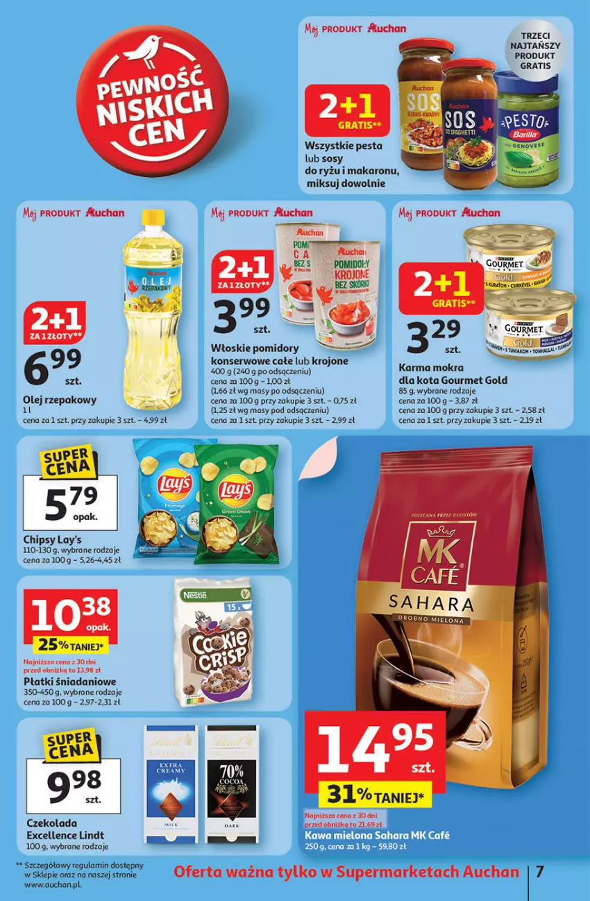 Gazetka promocyjna Auchan - LATO PEŁNE PRZYJEMNOŚCI Supermarket - ważna 10.07 do 16.07.2025 - strona 7 - produkty: Chipsy, Czekolada, Danio, Gourmet Gold, Gra, Lindt, Makaron, Olej, Olej rzepakowy, Pomidory, Ryż, Ser, Sos