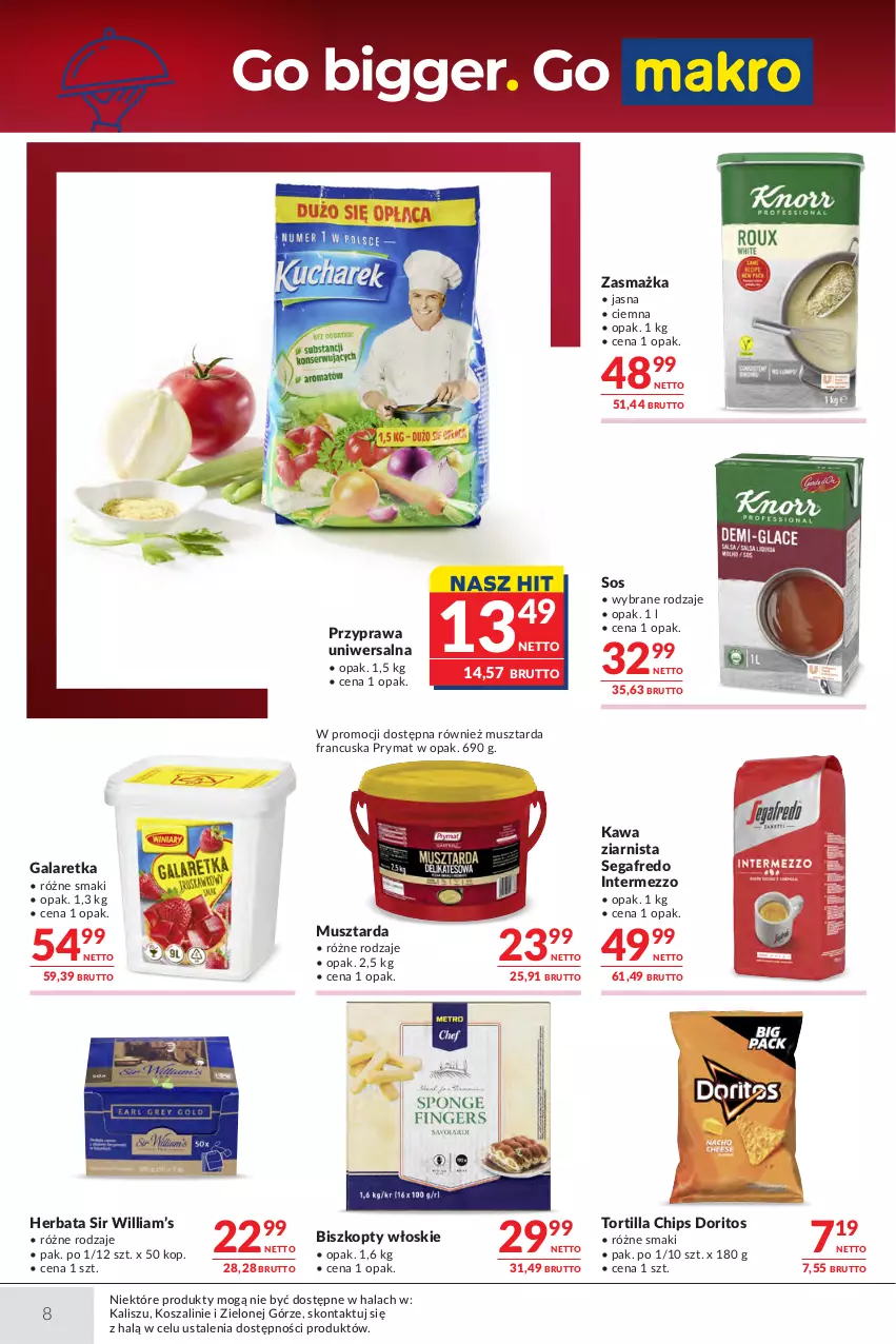 Gazetka promocyjna Makro - Oferta dla gastronomii - ważna 21.07 do 03.08.2026 - strona 8 - produkty: Biszkopty, Gala, Galaretka, Herbata, Kawa, Kawa ziarnista, Kosz, Mus, Musztarda, Prymat, Przyprawa uniwersalna, Segafredo, Sos, Szal, Tortilla, Tortilla Chips