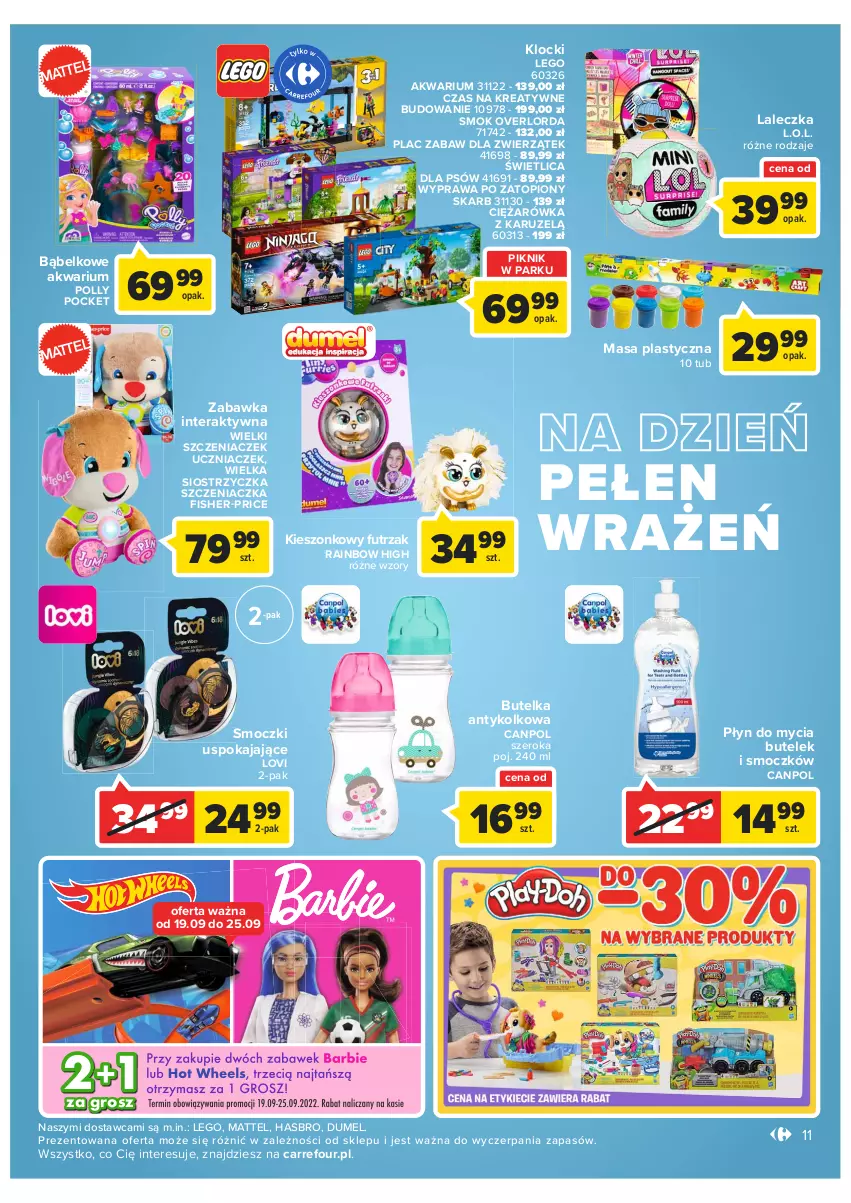 Gazetka promocyjna Carrefour - Gazetka Market - ważna 13.09 do 24.09.2022 - strona 11 - produkty: Akwarium, Canpol, Fisher-Price, Hasbro, Klocki, L.O.L., LEGO, Lovi, Mattel, Płyn do mycia, Polly Pocket, Szczeniaczek uczniaczek, Tera, Top, Zabawka