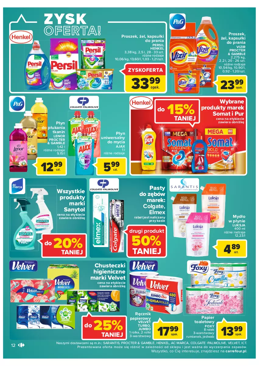 Gazetka promocyjna Carrefour - Gazetka Market - ważna 13.09 do 24.09.2022 - strona 12 - produkty: Ajax, Chusteczki, Colgate, Elmex, Foxy, Kapsułki do prania, Lenor, LG, Luksja, Mydło, Mydło w płynie, Palmolive, Papier, Papier toaletowy, Persil, Płyn do płukania, Pur, Ręcznik, Rolki, Rum, Sanytol, Somat, Velvet, Vizir