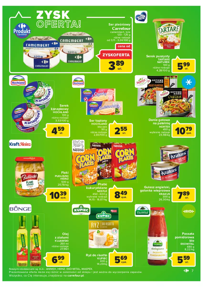 Gazetka promocyjna Carrefour - Gazetka Market - ważna 13.09 do 24.09.2022 - strona 7 - produkty: Brie, Camembert, Danie gotowe, Flaki, Golonka wieprzowa, Heinz, Hochland, Hortex, Krakus, Kujawski, Kupiec, NaTurek, Nestlé, Olej, Piec, Pudliszki, Ryż, Ryż do risotto, Ser, Ser pleśniowy, Ser topiony, Serek, Serek puszysty, Tarta, Tartare, Top