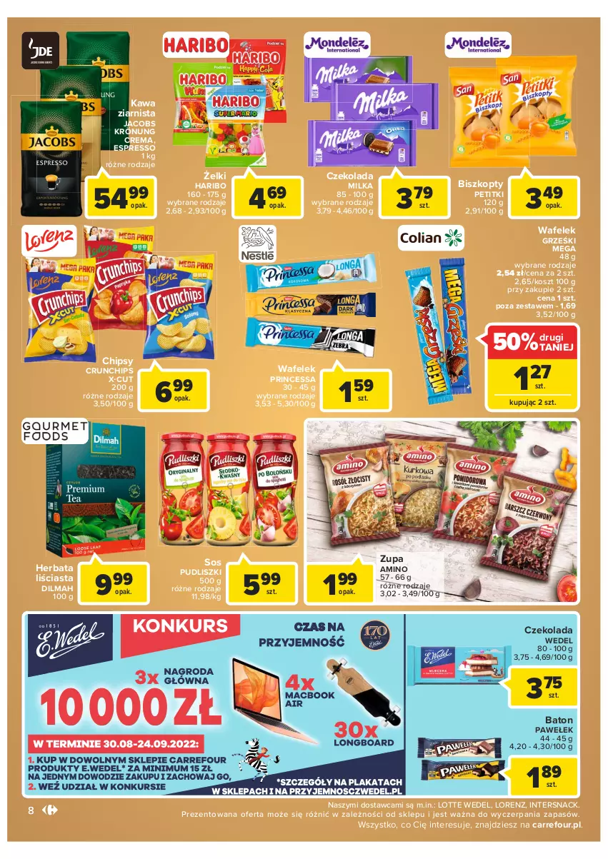 Gazetka promocyjna Carrefour - Gazetka Market - ważna 13.09 do 24.09.2022 - strona 8 - produkty: Baton, Biszkopty, Chipsy, Crunchips, Czekolada, Dilmah, Grześki, Haribo, Herbata, Jacobs, Jacobs Krönung, Kawa, Kawa ziarnista, Kosz, Lorenz, Milka, Princessa, Pudliszki, Sos, Wafelek, Zupa