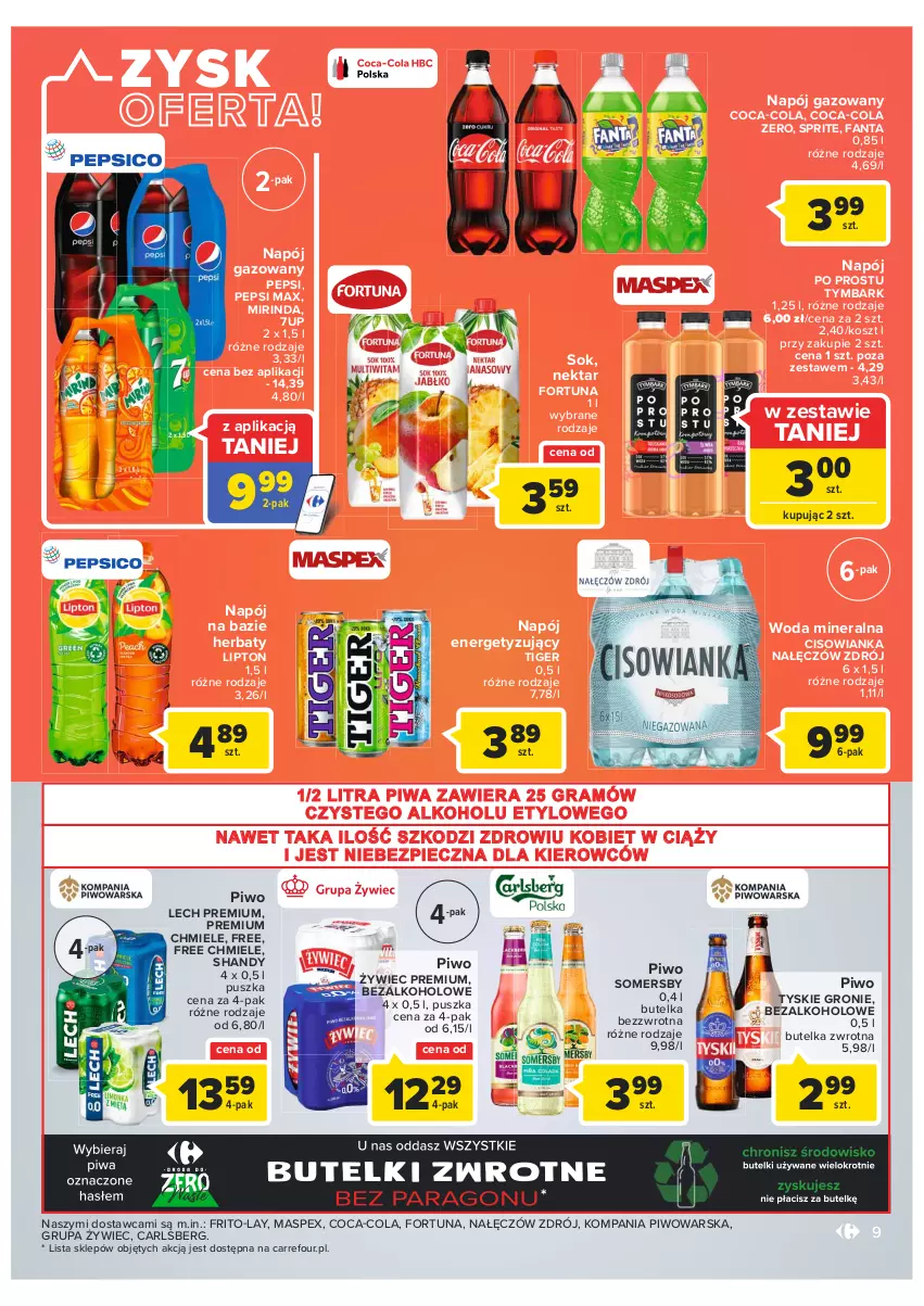 Gazetka promocyjna Carrefour - Gazetka Market - ważna 13.09 do 24.09.2022 - strona 9 - produkty: 7up, Carlsberg, Cisowianka, Coca-Cola, Fa, Fanta, Fortuna, Gra, Kosz, Lech Premium, Lipton, Mirinda, Napój, Napój gazowany, Nektar, Pepsi, Pepsi max, Piec, Piwa, Piwo, Sok, Somersby, Sprite, Tiger, Tymbark, Tyskie, Woda, Woda mineralna