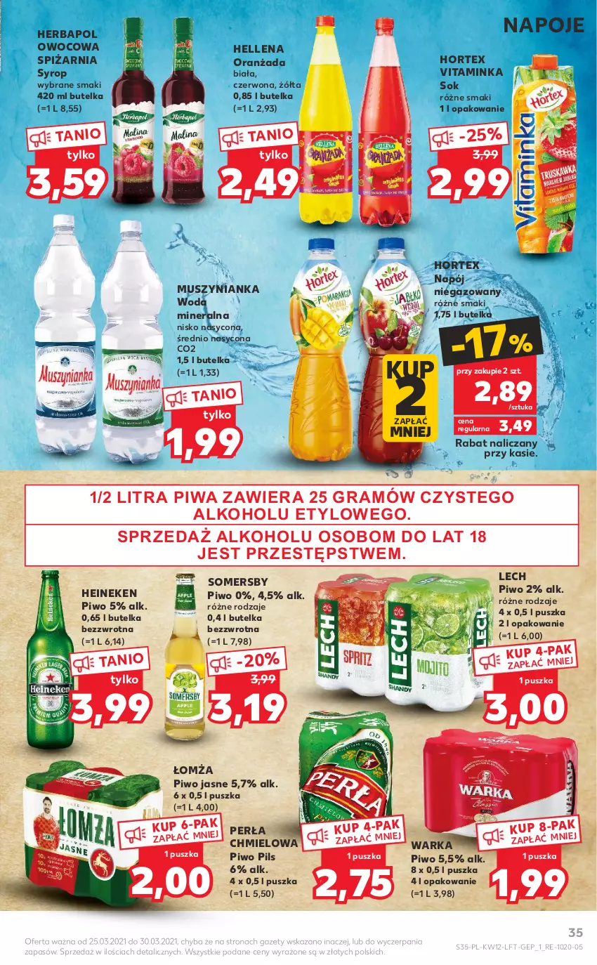 Gazetka promocyjna Kaufland - OFERTA TYGODNIA - ważna 25.03 do 30.03.2021 - strona 35 - produkty: Gra, Heineken, Hellena, Herbapol, Hortex, Inka, Mus, Muszynianka, Napój, Napój niegazowany, Napoje, O nas, Oranżada, Perła, Piwa, Piwo, Piwo jasne, Sok, Somersby, Syrop, Warka, Woda, Woda mineralna