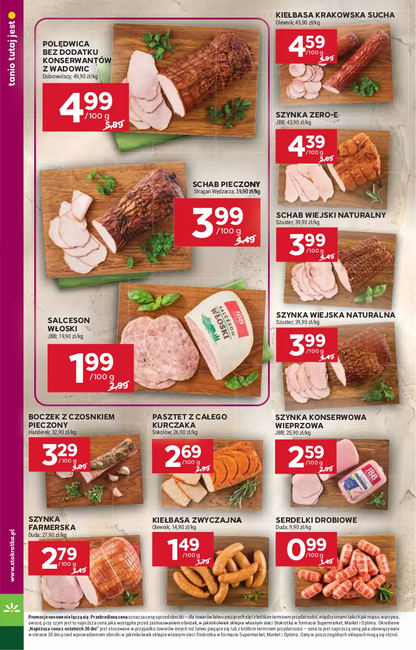 Gazetka promocyjna Stokrotka - Market - ważna 17.09 do 23.09.2026 - strona 10 - produkty: Boczek, Duda, Fa, Kiełbasa, Kiełbasa krakowska, Kurczak, Mięso, Olewnik, Optima, Owoce, Pasztet, Piec, Polędwica, Salceson, Schab pieczony, Ser, Serdelki, Sok, Sokołów, Szynka, Szynka farmerska, Szynka konserwowa, Warzywa