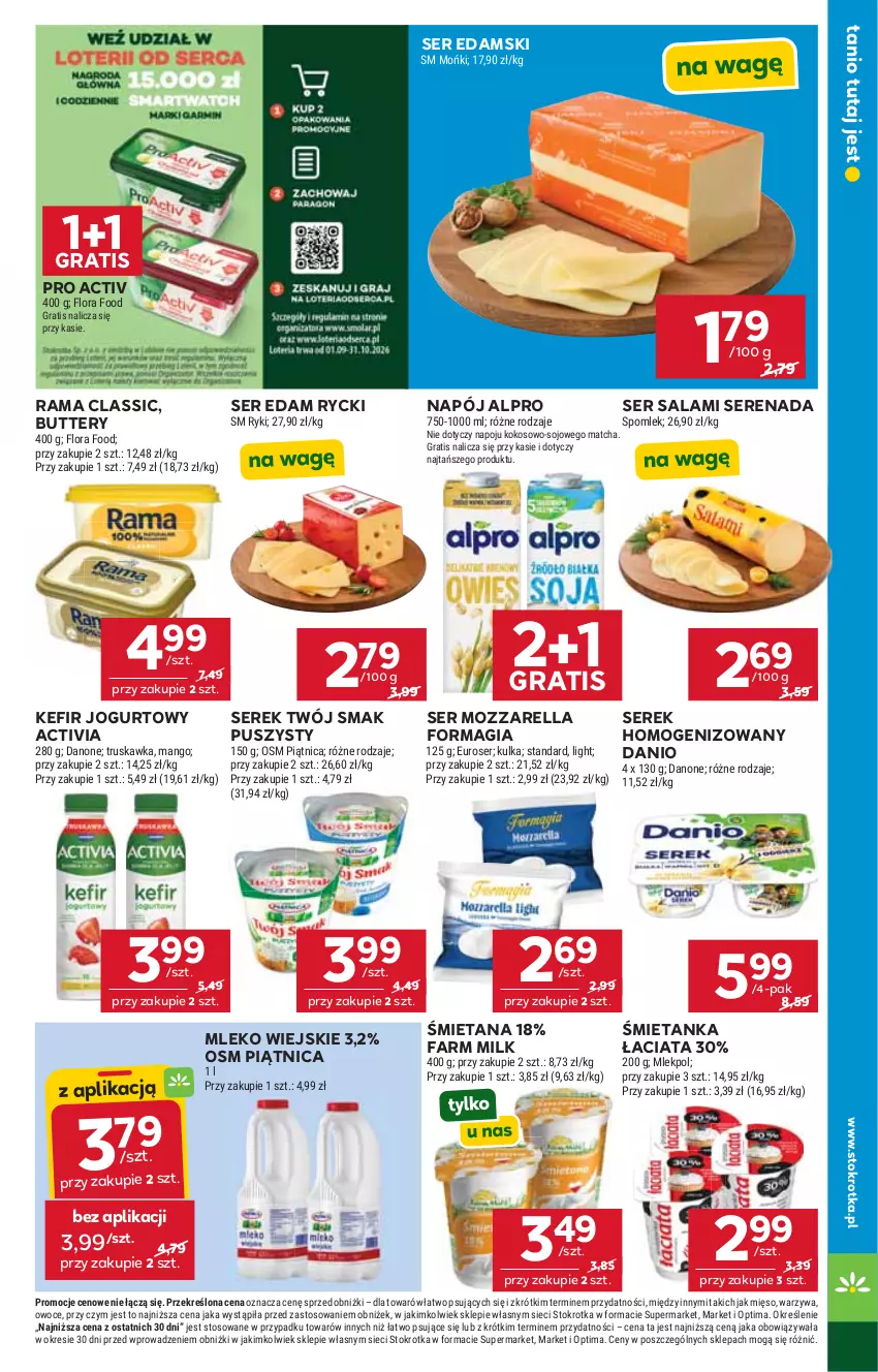 Gazetka promocyjna Stokrotka - Market - ważna 17.09 do 23.09.2026 - strona 17 - produkty: Activia, Alpro, Danio, Danone, Edam, Fa, Farm Milk, Flora, Gra, Jogurt, Kefir, Kokos, Mango, Mięso, Mleko, Mozzarella, Napój, Optima, Owoce, Piątnica, Rama, Salami, Ser, Ser salami, Serek, Serek homogenizowany, Twój Smak, Warzywa