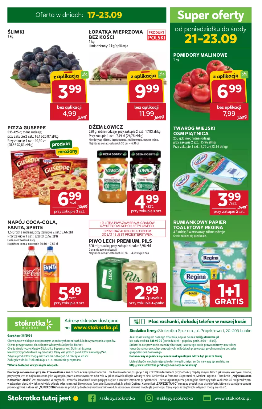 Gazetka promocyjna Stokrotka - Market - ważna 17.09 do 23.09.2026 - strona 35 - produkty: Coca-Cola, Dres, Dżem, Fa, Fanta, Gin, Gra, Lech Premium, Mięso, Napój, O nas, Optima, Owoce, Papier, Papier toaletowy, Piątnica, Piwa, Piwo, Pizza, Pomidory, Rum, Ser, Sprite, Telefon, Twaróg, Wagi, Warzywa