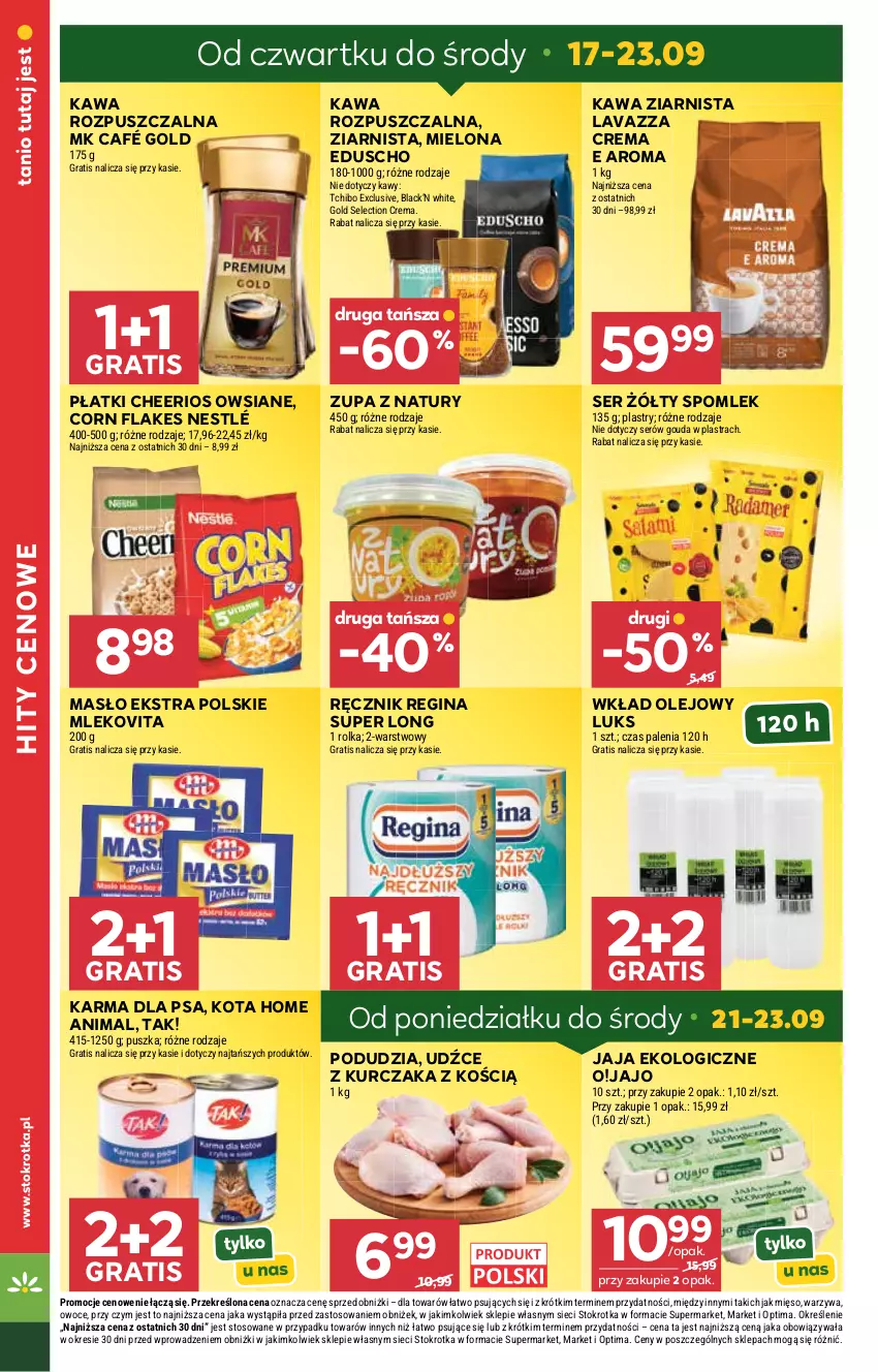 Gazetka promocyjna Stokrotka - Market - ważna 17.09 do 23.09.2026 - strona 8 - produkty: Cheerios, Corn flakes, Gin, Gouda, Gra, Jaja, Kawa, Kawa rozpuszczalna, Kawa ziarnista, Kurczak, Lack, Lavazza, Masło, Mięso, Mleko, Mlekovita, Nestlé, Olej, Optima, Owoce, Ręcznik, Ser, Tchibo, Warzywa, Wkład olejowy, Zupa