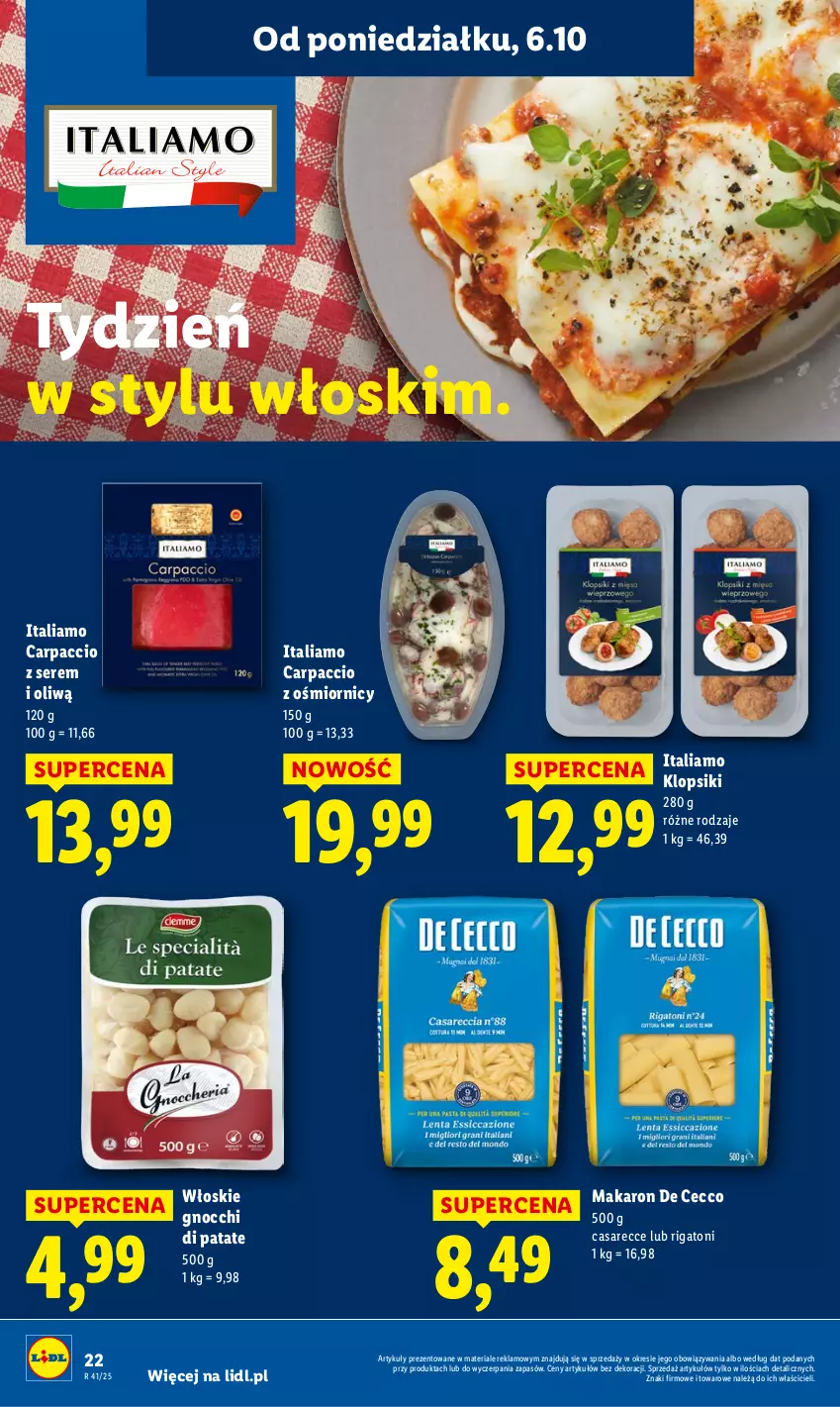 Gazetka promocyjna Lidl - GAZETKA - ważna 06.10 do 08.10.2025 - strona 22 - produkty: Carpaccio, Gnocchi, Klopsiki, Makaron, Ser