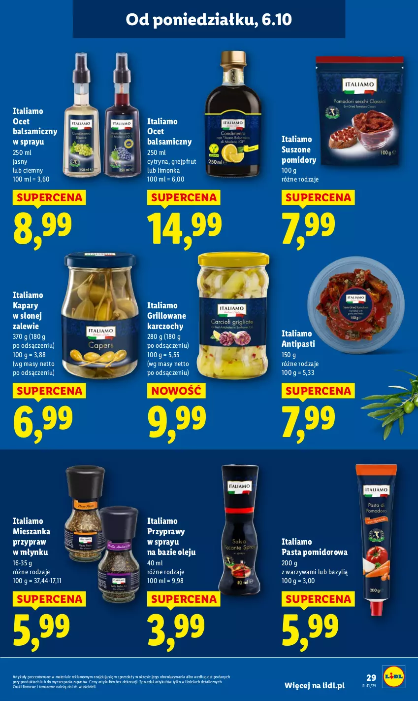 Gazetka promocyjna Lidl - GAZETKA - ważna 06.10 do 08.10.2025 - strona 29 - produkty: Bazyl, Grejpfrut, Grill, Kapary, Karczochy, Limonka, Ocet, Ocet balsamiczny, Olej, Pomidory, Przyprawy, Suszone pomidory, Warzywa