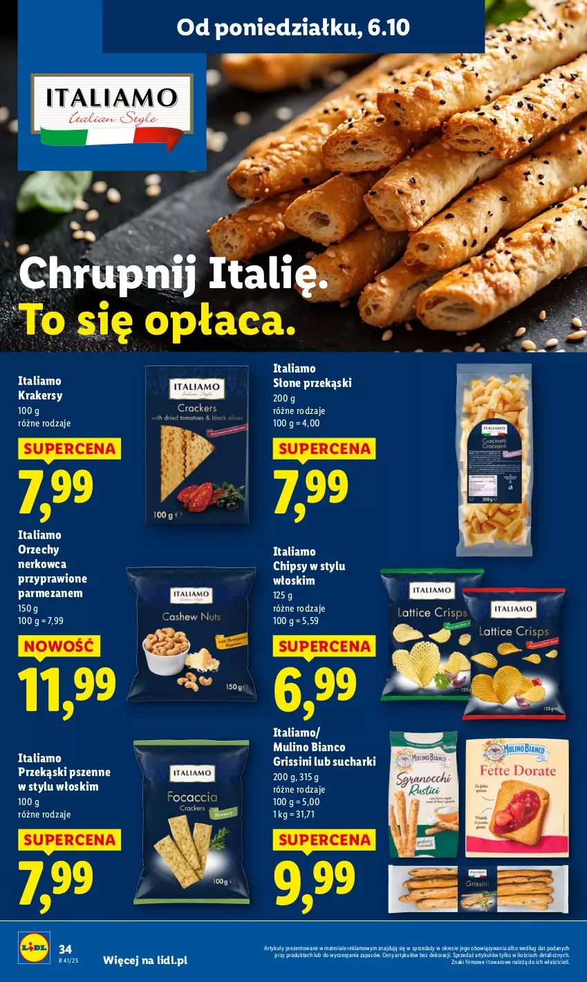Gazetka promocyjna Lidl - GAZETKA - ważna 06.10 do 08.10.2025 - strona 34 - produkty: Chipsy, Grissini, Krakersy, Parmezan