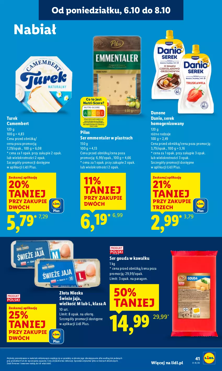 Gazetka promocyjna Lidl - GAZETKA - ważna 06.10 do 08.10.2025 - strona 41 - produkty: Camembert, Danio, Danone, Emmental, Gouda, Jaja, Kawa, Pilos, Ser, Serek, Serek homogenizowany, Wazon