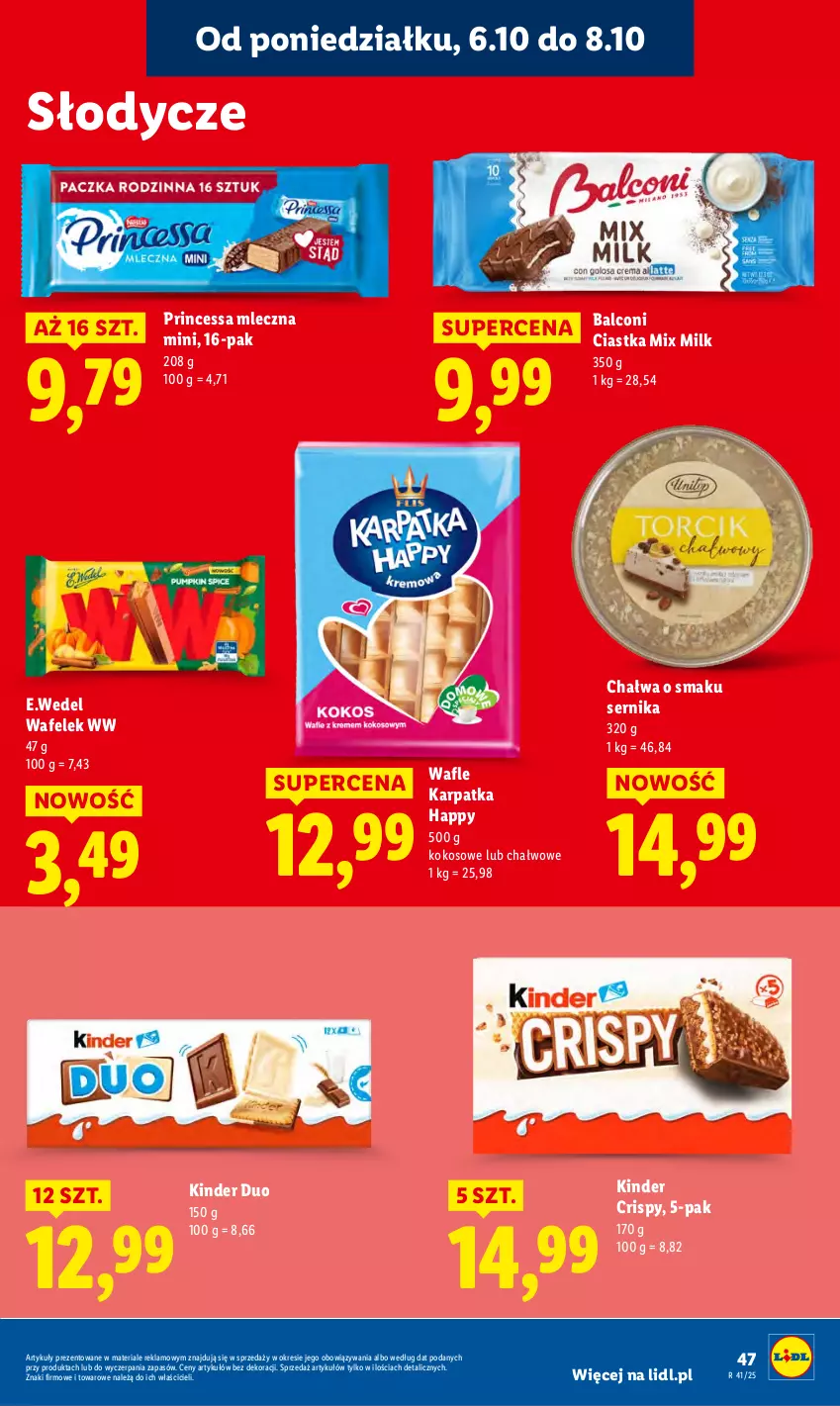 Gazetka promocyjna Lidl - GAZETKA - ważna 06.10 do 08.10.2025 - strona 47 - produkty: Alcon, Chałwa, Ciastka, Karp, Kinder, Kokos, Princessa, Ser, Wafelek, Wafle