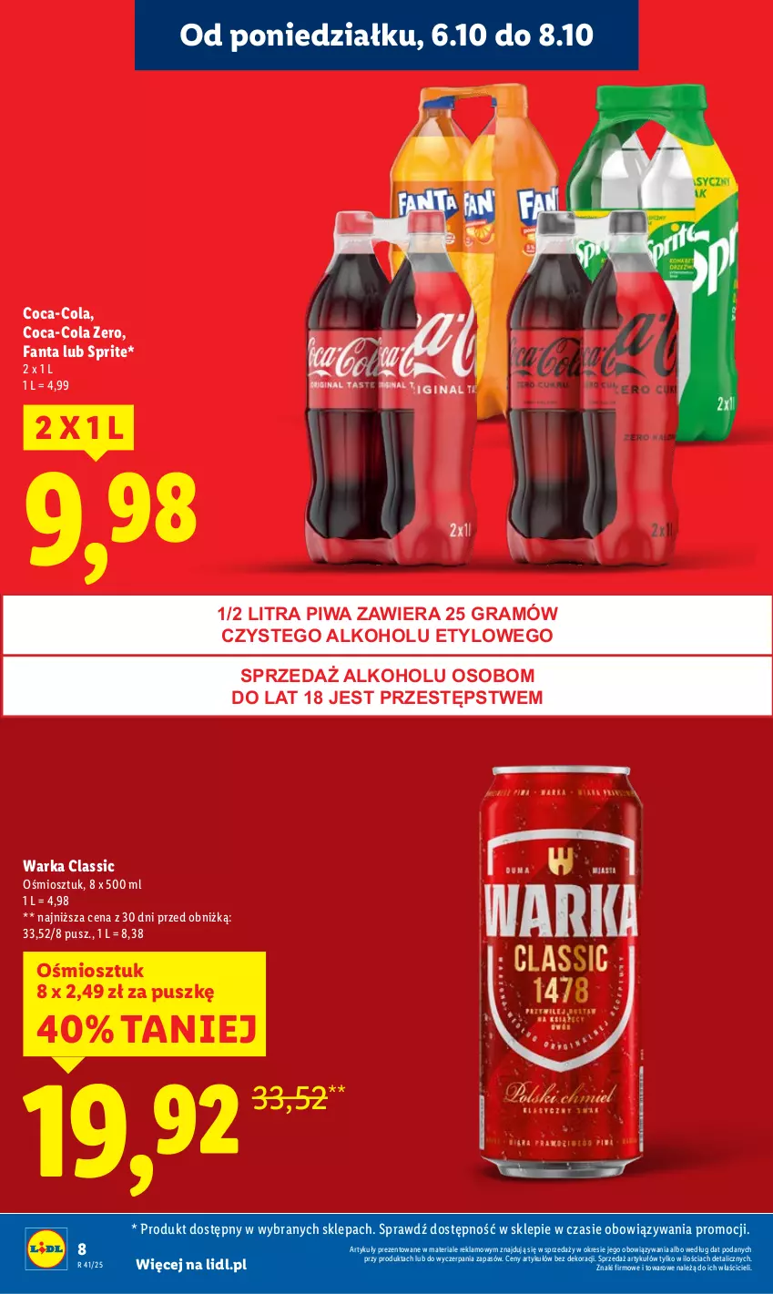 Gazetka promocyjna Lidl - GAZETKA - ważna 06.10 do 08.10.2025 - strona 8 - produkty: Coca-Cola, Fa, Fanta, Gra, Piwa, Sprite, Warka