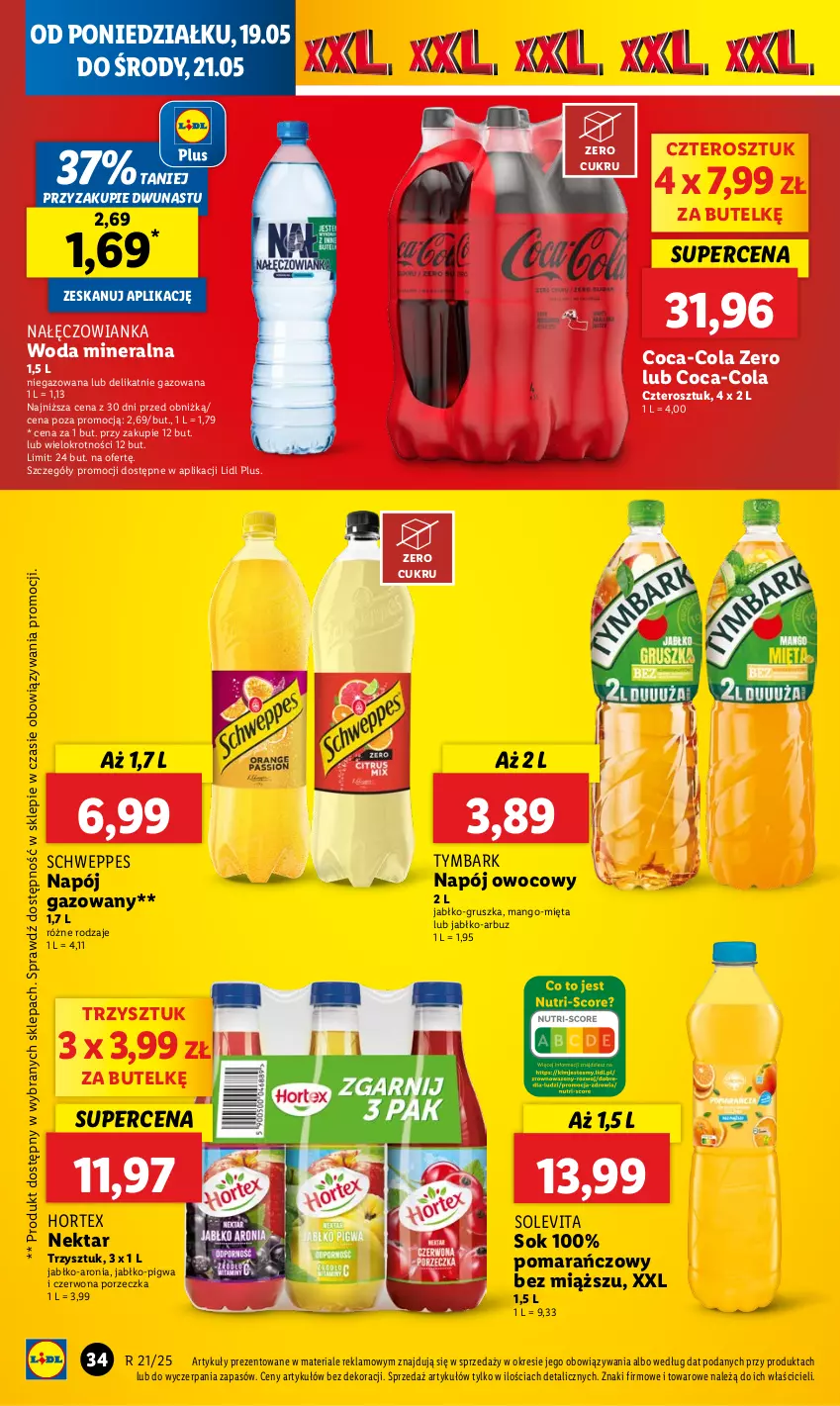 Gazetka promocyjna Lidl - GAZETKA - ważna 19.05 do 21.05.2025 - strona 38 - produkty: Arbuz, Aronia, Coca-Cola, Hortex, Mango, Mięta, Nałęczowianka, Napój, Napój gazowany, Nektar, Por, Schweppes, Sok, Tymbark, Woda, Woda mineralna