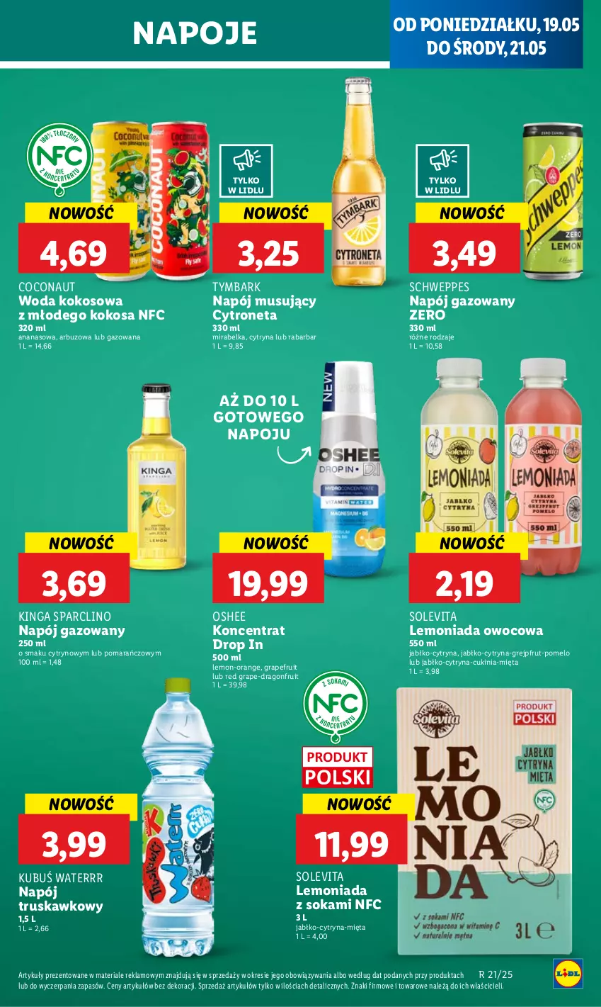 Gazetka promocyjna Lidl - GAZETKA - ważna 19.05 do 21.05.2025 - strona 53 - produkty: Ananas, Arbuz, Clin, Gra, Grejpfrut, Kokos, Kubuś, Kubuś Waterrr, Lemoniada, Mięta, Mus, Napój, Napój gazowany, Napój musujący, Napoje, Oshee, Pomelo, Schweppes, Sok, Tymbark, Woda