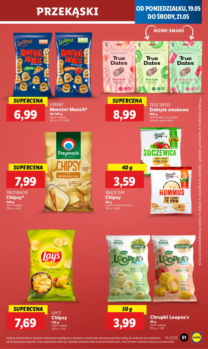 Gazetka promocyjna Lidl - GAZETKA - ważna 19.05 do 21.05.2025 - strona 59 - produkty: Chipsy, Chrupki, Daktyle, Hummus, Lay’s, Lorenz, Melon, Monster Munch, Mus, Przysnacki