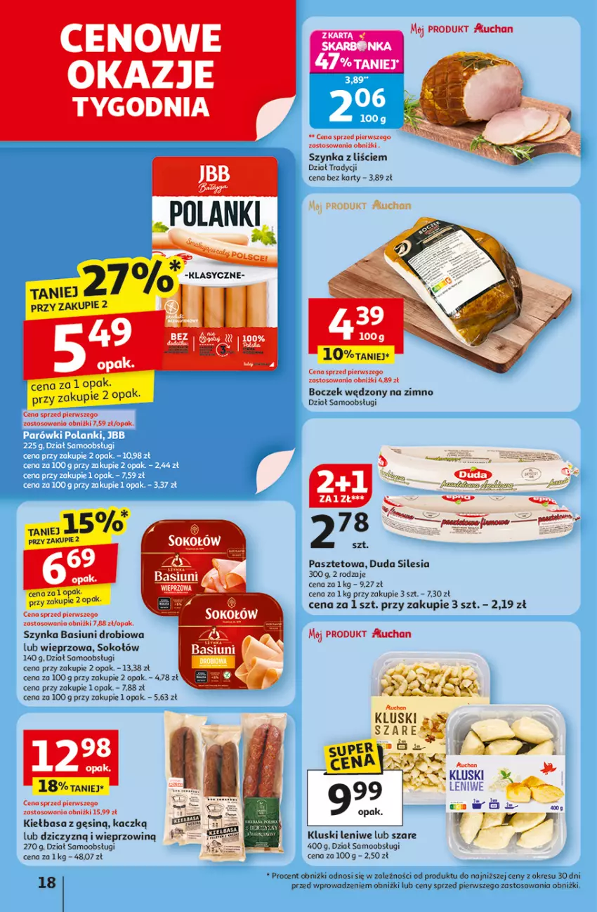 Gazetka promocyjna Auchan - Pewność niskich cen Hipermarket - ważna 06.11 do 12.11.2025 - strona 18 - produkty: Boczek, Duda, Fa, Kiełbasa, Pasztet, Sok, Sokołów, Szynka