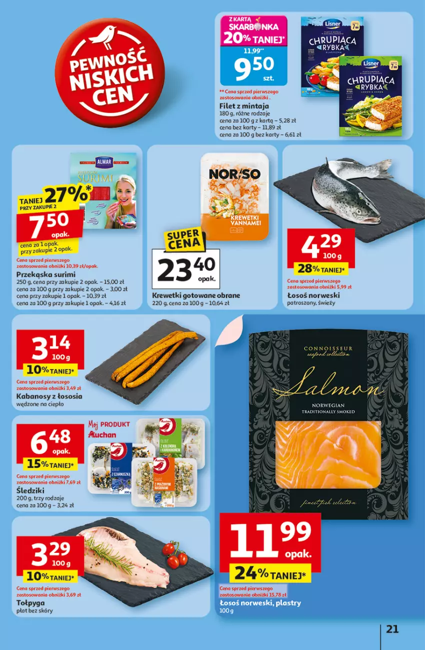 Gazetka promocyjna Auchan - Pewność niskich cen Hipermarket - ważna 06.11 do 12.11.2025 - strona 21 - produkty: Filet z mintaja, Kabanos, Krewetki, Mintaj, Sos, Surimi, Tołpyga