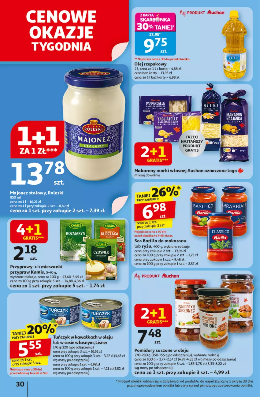Gazetka promocyjna Auchan - Pewność niskich cen Hipermarket - ważna 06.11 do 12.11.2025 - strona 30 - produkty: Barilla, Fa, Gra, Kamis, Kawa, Lisner, Makaron, Olej, Olej rzepakowy, Pomidory, Przyprawy, Ryż, Sos, Tuńczyk