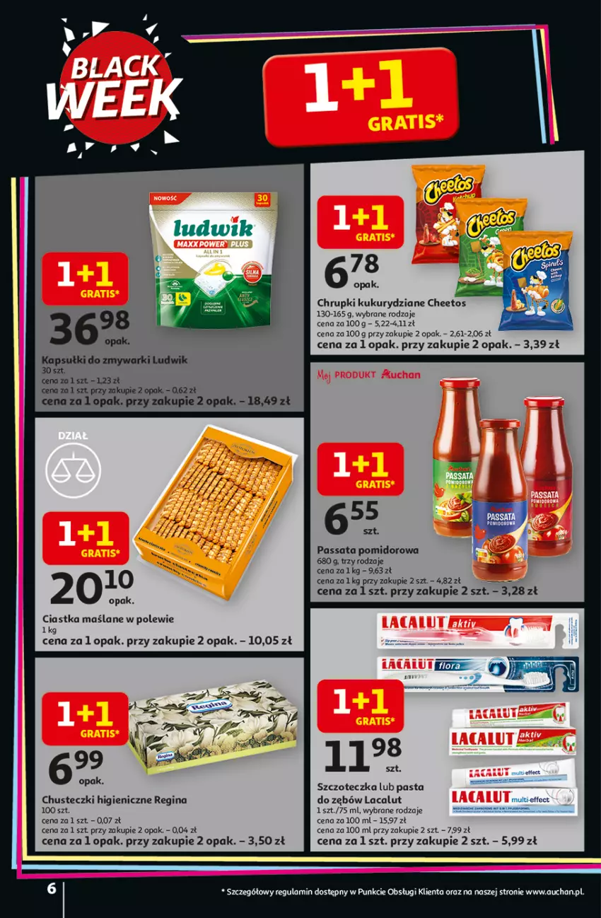 Gazetka promocyjna Auchan - Pewność niskich cen Hipermarket - ważna 06.11 do 12.11.2025 - strona 6 - produkty: Cheetos, Chrupki, Chusteczki, Ciastka, Gin, Lacalut, Ludwik, Pasta do zębów, Szczoteczka, Zmywarki