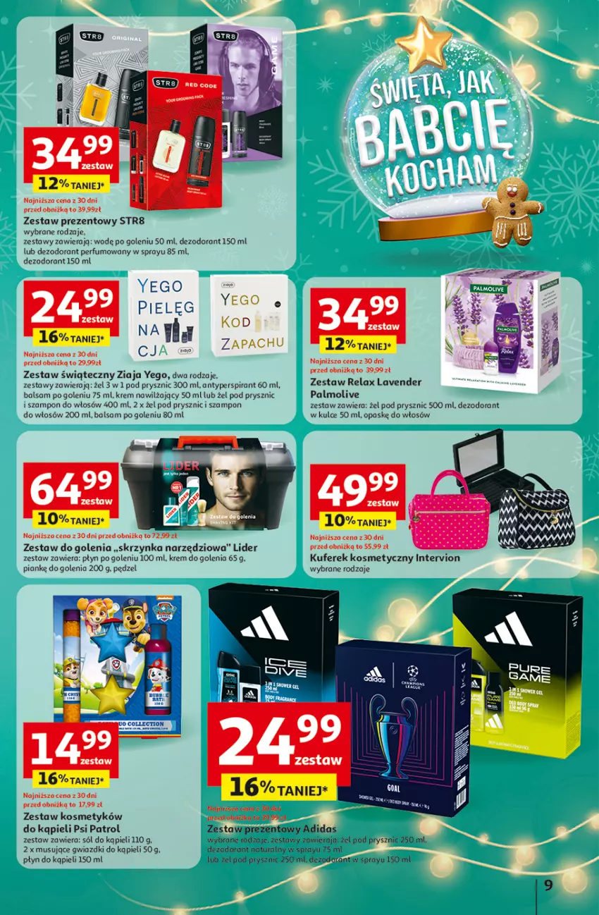 Gazetka promocyjna Auchan - Pewność niskich cen Hipermarket - ważna 06.11 do 12.11.2025 - strona 9 - produkty: Adidas, Antyperspirant, Balsam po goleniu, Dezodorant, Krem do golenia, Krem nawilżający, Mus, Palmolive, Perfum, Płyn do kąpieli, Psi Patrol, Skrzynka narzędziowa, Sól, Sól do kąpieli, Szampon, Zestaw do golenia, Zestaw prezentowy, Ziaja
