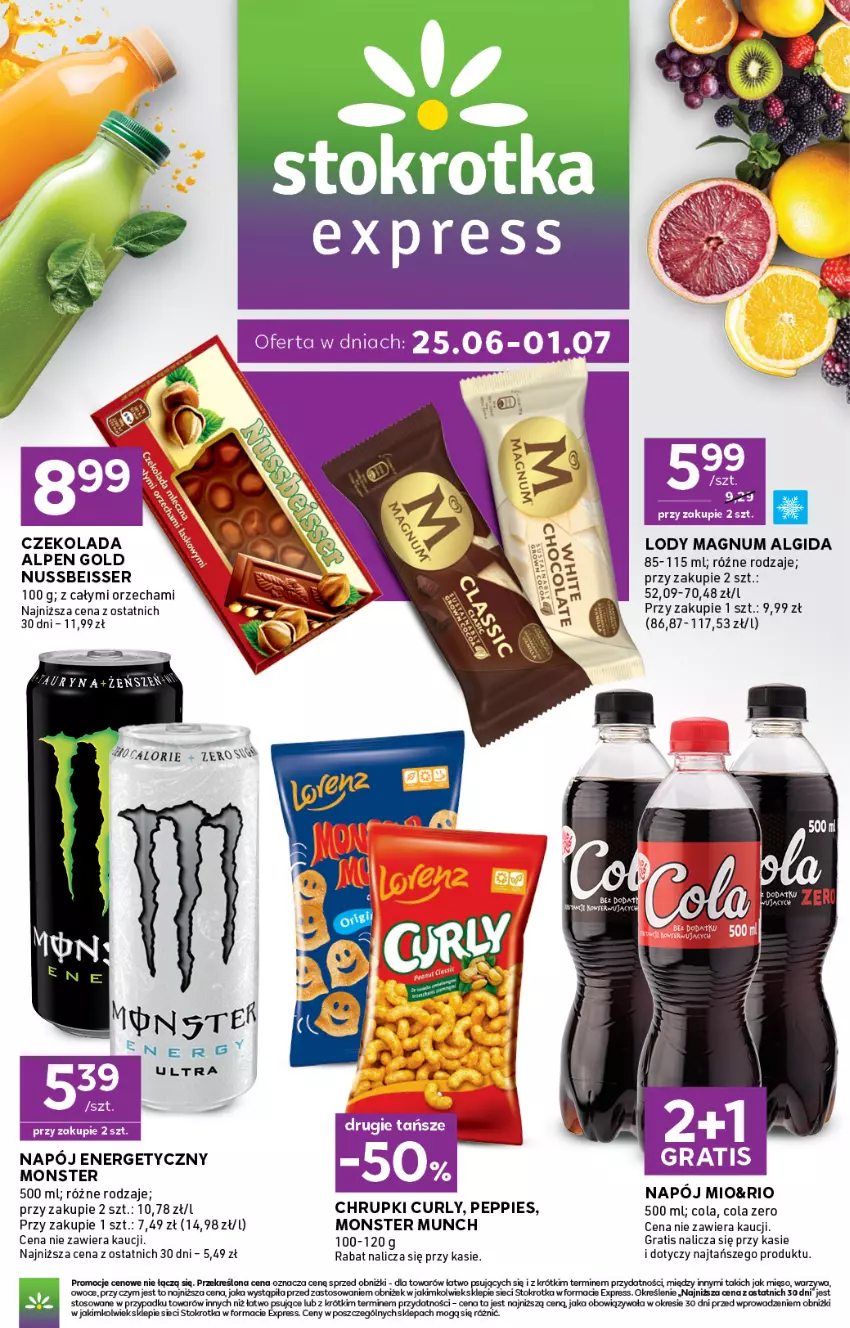 Gazetka promocyjna Stokrotka - Express - ważna 25.06 do 01.07.2026 - strona 1 - produkty: Algida, Chrupki, Czekolada, Gra, LG, Lody, Mięso, Monster Munch, Napój, Napój energetyczny, Owoce, Ser