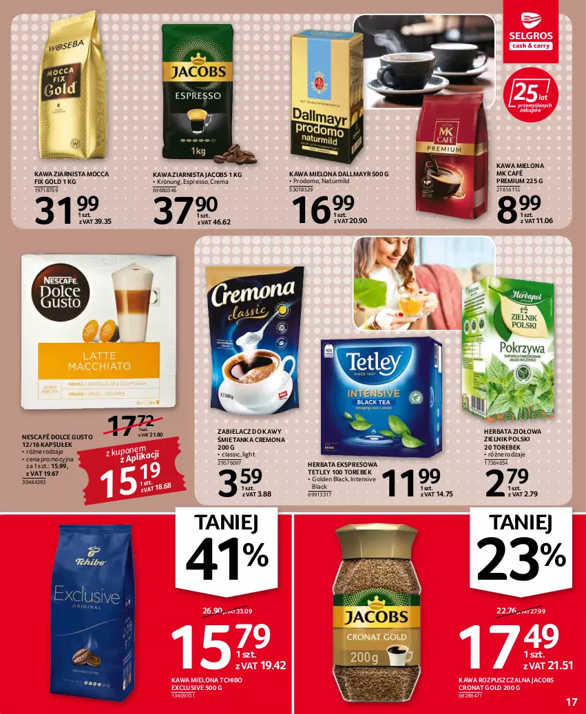 Gazetka promocyjna Selgros - Oferta spożywcza - ważna 05.05 do 18.05.2022 - strona 17 - produkty: Dallmayr, Dolce Gusto, Herbata, Jacobs, Kawa, Kawa mielona, Kawa rozpuszczalna, Kawa ziarnista, Lack, Mocca Fix Gold, Nescafé, Tchibo, Tetley