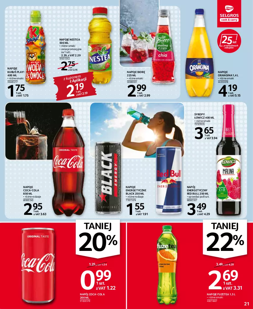 Gazetka promocyjna Selgros - Oferta spożywcza - ważna 05.05 do 18.05.2022 - strona 21 - produkty: Coca-Cola, Gin, Kubuś, Lack, Napój, Napój energetyczny, Napoje, Nestea, Red Bull, Syrop, Syropy