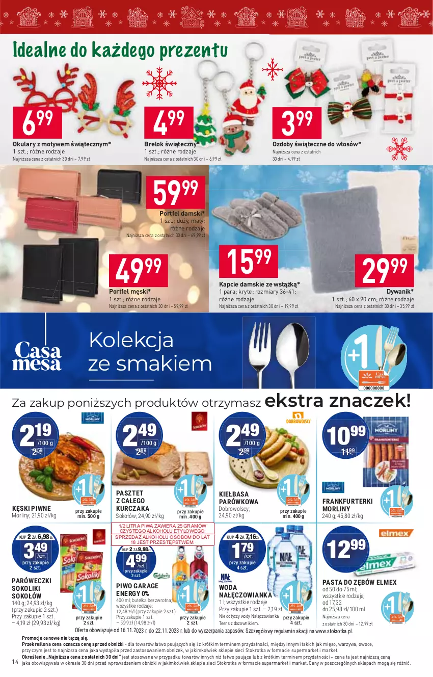 Gazetka promocyjna Stokrotka - Market - ważna 16.11 do 22.11.2023 - strona 16 - produkty: Dozownik, Dywan, Dywanik, Frankfurterki, Gra, Kapcie, Kurczak, Mięso, Morliny, Nałęczowianka, Owoce, Ozdoby świąteczne, Pasztet, Piwa, Por, Sok, Warzywa