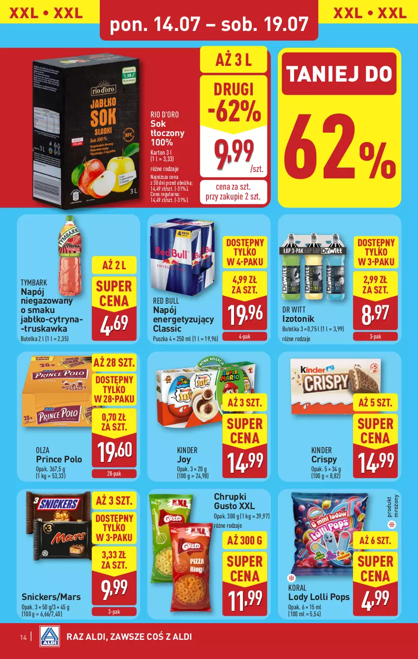 Gazetka promocyjna Aldi - Pełna oferta - ważna 14.07 do 19.07.2025 - strona 14 - produkty: Chrupki, Kinder, Lody, Mars, Napój, Napój niegazowany, Prince Polo, Red Bull, Snickers, Sok, Tonik, Tymbark