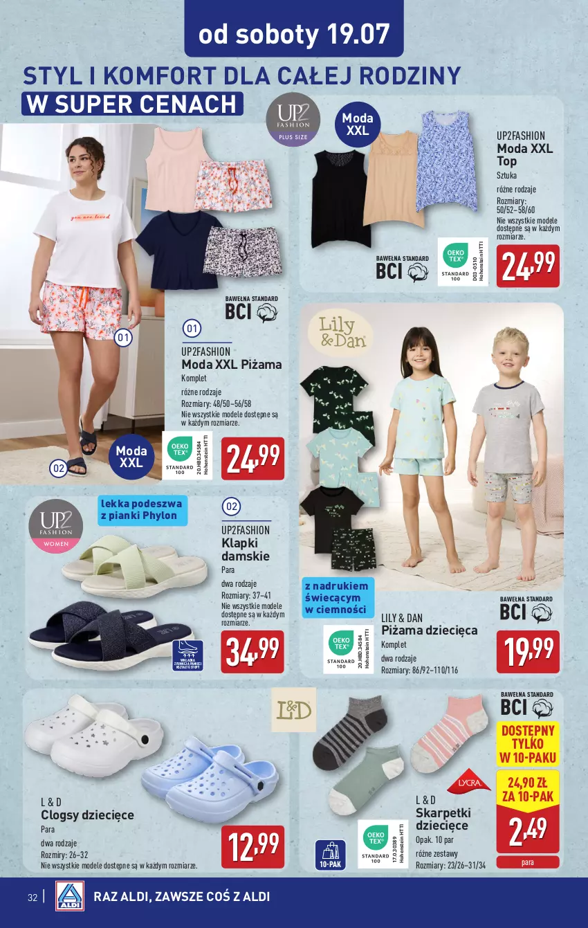 Gazetka promocyjna Aldi - Pełna oferta - ważna 14.07 do 19.07.2025 - strona 32 - produkty: Clogsy, Dzieci, Fa, Karp, Klapki, Moda, Piżama, Skarpetki, Top