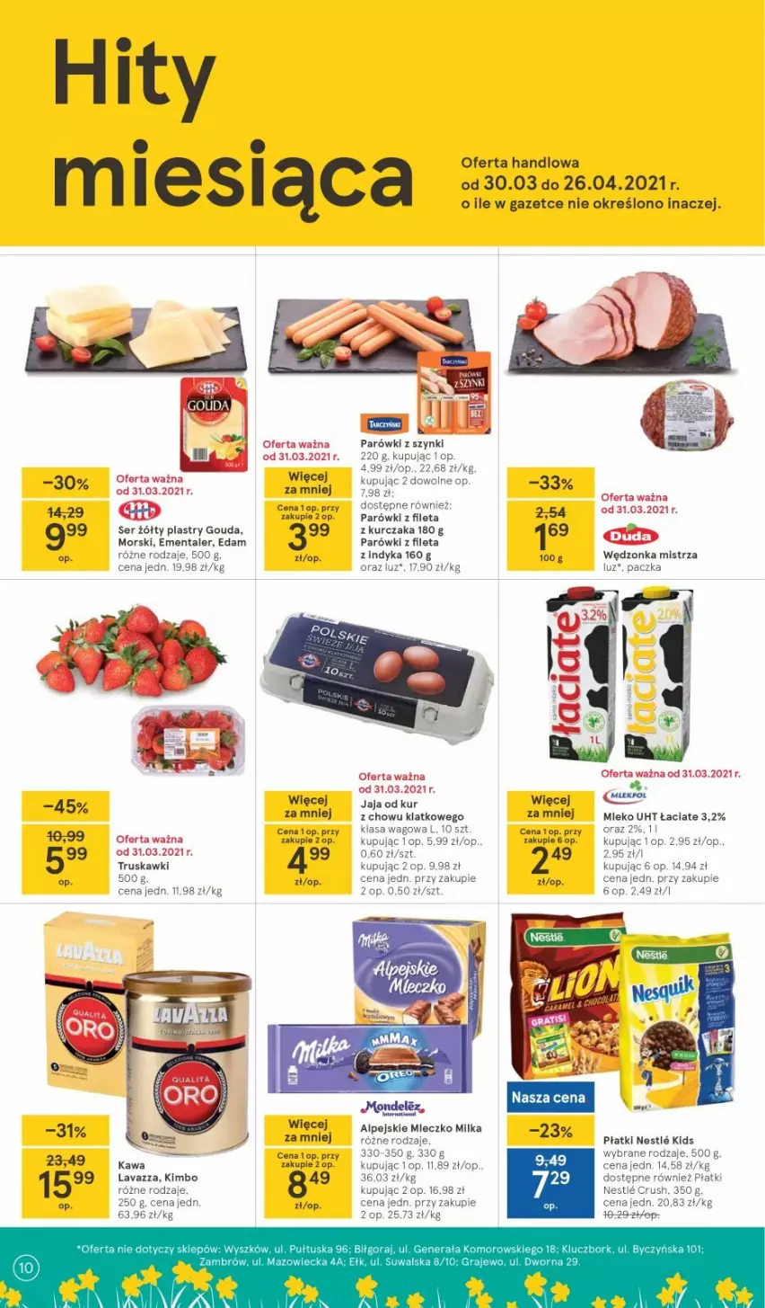 Gazetka promocyjna Tesco - Tesco gazetka - przyszły tydzień - ważna 30.03 do 03.04.2021 - strona 10 - produkty: Edam, Ementaler, Gouda, Jaja, Kawa, Kurczak, Lavazza, Milka, Mleczko, Mleko, Parówki, Parówki z szynki, Ser, Top, Truskawki