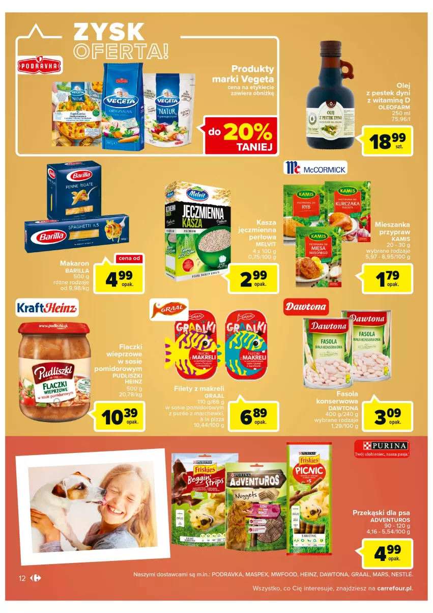 Gazetka promocyjna Carrefour - Gazetka Carrefour Bielany Wrocławskie - ważna 16.08 do 28.08.2022 - strona 12 - produkty: Adventuros, Barilla, Dawtona, Fa, Gra, Graal, Heinz, Kasza, Makaron, Mars, Melvit, Olej, Oleo, Oleofarm, Pizza, Podravka, Przekąski dla psa, Pudliszki, Ser, Sos, Stek, Vegeta