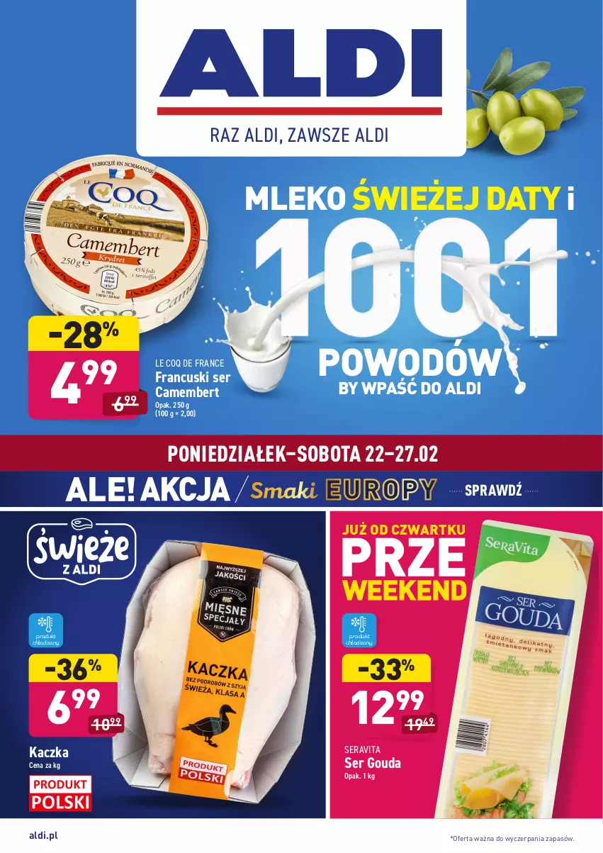 Gazetka promocyjna Aldi - ALE! CENA - ważna 22.02 do 27.02.2021 - strona 1 - produkty: Camembert, Gouda, Kaczka, Mleko, Ser