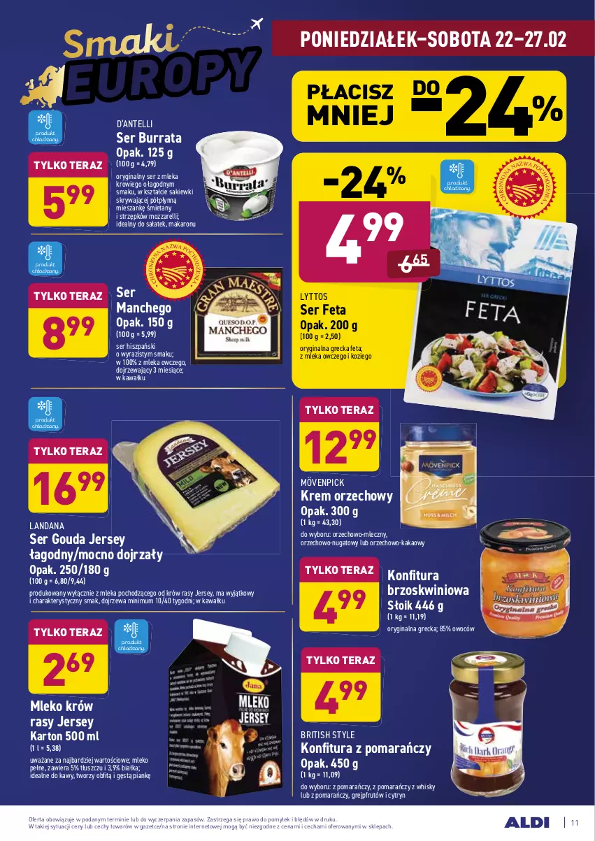 Gazetka promocyjna Aldi - ALE! CENA - ważna 22.02 do 27.02.2021 - strona 11 - produkty: Brit, Burrata, Feta, Gin, Gouda, Grejpfrut, Kakao, Kawa, Konfitura, Krem orzechowy, Makaron, Mleko, Sałat, Ser, Tera, Whisky