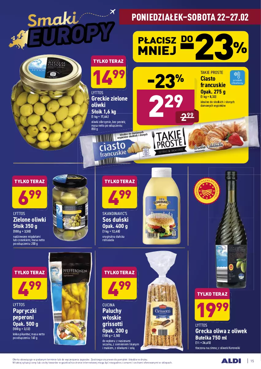 Gazetka promocyjna Aldi - ALE! CENA - ważna 22.02 do 27.02.2021 - strona 15 - produkty: Ciasto francuskie, Gin, Oliwa z oliwek, Oliwki, Sezam, Skandinavic’s, Sos, Stek, Tera